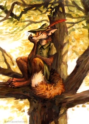 Size: 787x1099 | Tagged: safe, artist:kenket, robin hood (robin hood), canine, fox, mammal, red fox, vulpine, anthro, disney, robin hood (disney), 2020, branch, claws, clothes, feather, fluff, fluffy, fluffy tail, hand on snout, hat, male, paws, shirt, sitting, sky, smiling, smirk, solo, solo male, tail, topwear, traditional art, tree