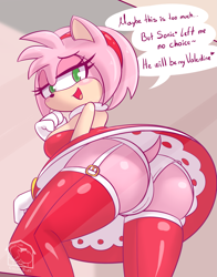 Size: 3529x4500 | Tagged: suggestive, artist:thecoldsbarn, furbooru exclusive, amy rose (sonic), hedgehog, mammal, anthro, sega, sonic the hedgehog (series), 2020, bedroom eyes, bottomwear, breasts, butt, cameltoe, clothes, colored pupils, dialogue, eyelashes, female, garter belt, green eyes, high res, legwear, lingerie, looking at you, low angle, mirror, panties, phone, quills, skirt, solo, solo female, stockings, tail, talking, underwear, upskirt