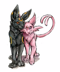 Size: 3317x3984 | Tagged: safe, artist:kenket, eeveelution, espeon, fictional species, mammal, umbreon, feral, nintendo, pokémon, ambiguous gender, claws, duo, high res, nuzzling, paws, phone, purple eyes, red eyes, simple background, tail, traditional art, white background