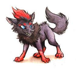 Size: 2103x1931 | Tagged: safe, artist:kenket, canine, fictional species, fox, mammal, zorua, feral, nintendo, pokémon, ambiguous gender, blue eyes, claws, eye markings, fangs, high res, paws, simple background, solo, solo ambiguous, tail, traditional art, white background
