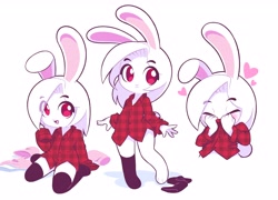 Size: 4096x2953 | Tagged: character needed, safe, artist:starbirbz, oc, oc only, lagomorph, mammal, rabbit, anthro, 2020, black legwear, chequered, chibi, clothes, eye through hair, eyebrow through hair, eyebrows, female, flannel shirt, heart, high res, kneeling, legwear, long ears, love heart, no pupils, paws, red eyes, shirt, socks, solo, solo female, thigh highs, topwear, undressing