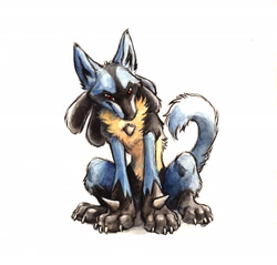 Size: 2491x2384 | Tagged: safe, artist:kenket, fictional species, lucario, mammal, feral, nintendo, pokémon, ambiguous gender, fangs, high res, looking at you, paws, red eyes, simple background, sitting, solo, solo ambiguous, tail, traditional art, white background