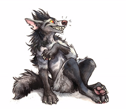 Size: 3466x2995 | Tagged: safe, artist:kenket, fictional species, hyena, mammal, mightyena, feral, nintendo, pokémon, ambiguous gender, claws, colored sclera, ears, fangs, high res, paw pads, paws, red eyes, sharp teeth, simple background, sitting, smiling, solo, solo ambiguous, tail, teeth, torn ear, traditional art, underpaw, whiskers, white background
