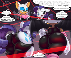 Size: 5000x4100 | Tagged: suggestive, artist:thecoldsbarn, furbooru exclusive, rarity (mlp), rouge the bat (sonic), bat, equine, fictional species, mammal, pony, unicorn, anthro, feral, friendship is magic, hasbro, my little pony, sega, sonic the hedgehog (series), 2020, absurd resolution, breasts, butt, clothes, comic, crossover, dialogue, dock, duo, female, females only, hooves, latex, rear view, speech bubble, suit, tail, talking, underhoof