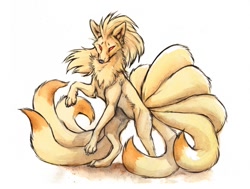 Size: 800x606 | Tagged: safe, artist:kenket, canine, fictional species, fox, kitsune, mammal, ninetales, feral, nintendo, pokémon, ambiguous gender, fluff, long tail, multiple tails, neck fluff, paws, red eyes, simple background, solo, solo ambiguous, tail, traditional art, white background