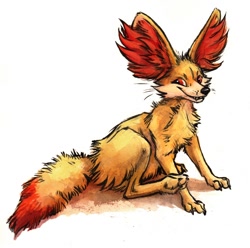 Size: 800x794 | Tagged: safe, artist:kenket, canine, fennec fox, fennekin, fictional species, fox, mammal, feral, nintendo, pokémon, ambiguous gender, big ears, cheek fluff, claws, ear fluff, ears, fangs, fluff, looking at you, paws, simple background, sitting, solo, solo ambiguous, starter pokémon, tail, teeth, traditional art, whiskers, white background