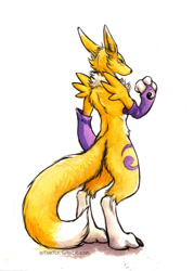 Size: 688x959 | Tagged: safe, artist:kenket, fictional species, renamon, anthro, digimon, 2015, ambiguous gender, chest fluff, claws, clothes, colored sclera, eye markings, fluff, gloves, long tail, purple eyes, rear view, signature, simple background, solo, solo ambiguous, tail, traditional art, white background