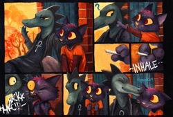 Size: 1280x863 | Tagged: safe, artist:kenket, bea santello (nitw), mae borowski (nitw), cat, crocodile, crocodilian, feline, mammal, reptile, anthro, night in the woods, 2019, :<, autumn, cigarette, clothes, colored pupils, colored sclera, comic, coughing, duo, duo female, english text, eyes closed, female, female/female, frowning, happy, heart, kissing, onomatopoeia, question mark, shipping, shirt, smiling, smoking, text, tongue, tongue out, topwear, traditional art, tree