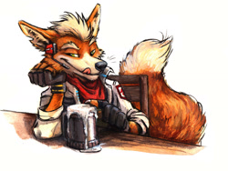 Size: 1417x1065 | Tagged: safe, artist:kenket, fox mccloud (star fox), canine, fox, mammal, vulpine, anthro, nintendo, star fox, 2018, chair, clothes, drink, fluff, fluffy, fluffy tail, gloves, green eyes, jacket, licking lips, looking at you, male, mug, simple background, sitting, solo, solo male, tail, tongue, tongue out, topwear, traditional art, white background