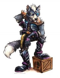 Size: 1107x1448 | Tagged: safe, artist:kenket, wolf o'donnell (star fox), canine, mammal, wolf, anthro, nintendo, star fox, 2017, belt, boots, clothes, crate, eyepatch, fluff, fluffy, fluffy tail, gloves, jacket, jewelry, male, necklace, purple eyes, scar, shoes, simple background, solo, solo male, tail, topwear, traditional art, white background