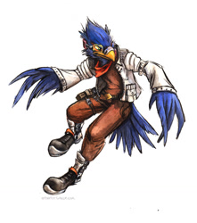 Size: 1129x1280 | Tagged: safe, artist:kenket, falco lombardi (star fox), bird, bird of prey, falcon, anthro, nintendo, star fox, 2017, abstract background, bandanna, beak, blue feathers, boots, bottomwear, clothes, feathers, green eyes, jacket, male, pants, scarf, shoes, simple background, solo, solo male, tail, tail feathers, topwear, traditional art, white background, wing hands