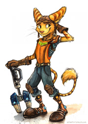 Size: 911x1280 | Tagged: safe, artist:kenket, ratchet (r&c), fictional species, lombax, anthro, plantigrade anthro, ratchet & clank, 2017, boots, bottomwear, clothes, gloves, green eyes, hammer, hand behind head, leonine tail, looking sideways, male, pants, ringtail, shoes, simple background, solo, solo male, tail, traditional art, whiskers, white background, wrench
