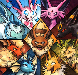Size: 1285x1243 | Tagged: safe, artist:kenket, eevee, eeveelution, espeon, fictional species, flareon, glaceon, jolteon, leafeon, mammal, sylveon, umbreon, vaporeon, feral, nintendo, pokémon, 2017, ambiguous gender, ambiguous only, black eyes, blue eyes, colored sclera, fangs, fluff, green eyes, group, long ears, looking at you, neck fluff, open mouth, orange eyes, paws, purple eyes, red eyes, smiling, tail, traditional art
