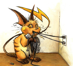Size: 1230x1114 | Tagged: safe, artist:kenket, fictional species, raichu, feral, nintendo, pokémon, 2017, ambiguous gender, battery, chewing, cord, electrical outlet, electricity, holding, indoors, paw hold, paws, power cord, power strip, solo, solo ambiguous, tail, traditional art, yellow eyes