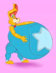 Size: 3120x4056 | Tagged: safe, artist:bloatedotter, zipper t. bunny (animal crossing), lagomorph, mammal, rabbit, anthro, plantigrade anthro, animal crossing, nintendo, 2020, clothes, high res, hyper, hyper belly, hyper pregnancy, male, overalls, pink background, simple background, solo, solo male, visor