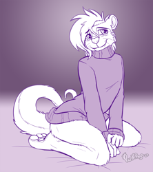 Size: 2200x2475 | Tagged: safe, artist:punkpega, oc, oc only, oc:ozzy, mammal, mustelid, otter, anthro, 2020, bottomless, clothes, femboy, hair, high res, kneeling, male, monochrome, nudity, partial nudity, paw pads, paws, signature, solo, solo male, sweater, tail, teeth, topwear, underpaw, whiskers