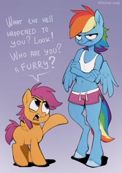 Size: 1527x2160 | Tagged: safe, artist:zazush-una, rainbow dash (mlp), scootaloo (mlp), equine, fictional species, mammal, pegasus, pony, anthro, feral, unguligrade anthro, friendship is magic, hasbro, my little pony, 2020, annoyed, anthrofied, belly button, clothes, crossed arms, digital art, duo, duo female, exclamation point, feathered wings, feathers, featured image, female, filly, foal, gradient background, hair, hooves, irony, looking up, mane, mare, open mouth, peace in the comments, purple eyes, question mark, raised leg, signature, size difference, tail, talking, ungulate, unshorn fetlocks, wings, young