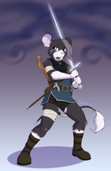Size: 1200x1855 | Tagged: safe, artist:punkpega, oc, oc only, oc:tangier, mammal, mouse, rodent, anthro, plantigrade anthro, 2019, bandage, bard, boots, cane, clothes, jewelry, lute, male, open mouth, piercing, shoes, solo, solo male, standing, sword, tail, tail wrap, tail wraps, weapon, wraps