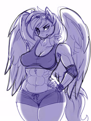 Size: 1200x1600 | Tagged: safe, artist:noupie, rainbow dash (mlp), equine, fictional species, mammal, pegasus, pony, anthro, friendship is magic, hasbro, my little pony, 2020, abs, anthrofied, arm behind head, breasts, cleavage, clothes, feathered wings, feathers, female, goggles, hand on hip, looking at you, monochrome, nipple outline, short shorts, simple background, sketch, smiling, solo, solo female, sports bra, tail, topwear, white background, wings