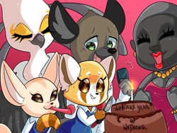 Size: 1600x1200 | Tagged: safe, artist:faeriebottle, fenneko (aggretsuko), gori (aggretsuko), haida (aggretsuko), retsuko (aggretsuko), washimi (aggretsuko), ape, bird, bird of prey, canine, fennec fox, fox, gorilla, hyena, mammal, primate, red panda, secretary bird, anthro, aggretsuko, sanrio, 2019, breasts, cake, cell phone, clothes, eyelashes, eyes closed, female, food, group, lipstick, makeup, male, party horn, pearl necklace, ringtail, smart phone, smartphone, smiling, tail