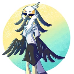 Size: 1080x1080 | Tagged: safe, artist:missingtorch, washimi (aggretsuko), bird, bird of prey, secretary bird, anthro, aggretsuko, sanrio, 2020, abstract background, clothes, eyes closed, female, smiling, solo, solo female, tail, wing hands, wings