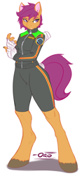 Size: 798x1704 | Tagged: safe, artist:0r0ch1, scootaloo (mlp), equine, fictional species, mammal, pegasus, pony, anthro, unguligrade anthro, friendship is magic, hasbro, my little pony, 2011, amputee, anthrofied, bandages, clothes, female, hooves, older, purple eyes, signature, simple background, solo, solo female, standing, tail, tail wrap, tail wraps, unshorn fetlocks, white background, wingless, wings, wraps