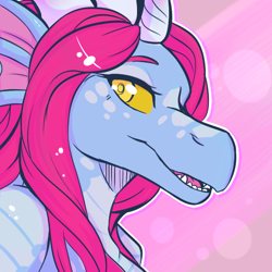 Size: 512x512 | Tagged: safe, artist:pocketdoge, oc, oc only, oc:syldria (jarmenj), dragon, equine, fictional species, hybrid, mammal, reptile, unicorn, western dragon, anthro, 1:1, 2017, 2d, abstract background, bust, colored pupils, colored sclera, cute, eyelashes, female, hair, horn, horns, looking at you, open mouth, portrait, solo, solo female, teeth, yellow eyes, yellow sclera