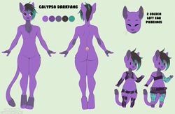 Size: 1280x837 | Tagged: safe, artist:chocoteenie, oc, oc only, oc:calypso (steampunkriot), cat, feline, mammal, anthro, 2016, brown eyes, clothes, crop top, ear piercing, featureless crotch, femboy, front view, green background, hair, legwear, long tail, looking sideways, male, no pupils, nudity, piercing, rear view, reference sheet, simple background, solo, solo male, spread arms, tail, topwear