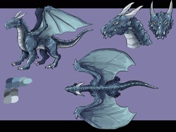 Size: 1600x1200 | Tagged: safe, artist:radicalgator, oc, oc only, oc:thalleon (phazondragon), dragon, fictional species, reptile, feral, 2020, claws, fangs, horns, looking at you, male, purple background, reference sheet, side view, simple background, solo, solo male, spread wings, standing, tail, top view, webbed wings, wings