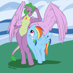 Size: 3000x3000 | Tagged: safe, artist:halcyon, rainbow dash (mlp), spike (mlp), dracony, dragon, equine, fictional species, hybrid, mammal, pegasus, pony, reptile, western dragon, anthro, feral, unguligrade anthro, friendship is magic, hasbro, my little pony, 1:1, 2011, age difference, anthrofied, barb (mlp), blushing, dragoness, duo, duo female, feathered wings, feathers, female, female/female, females only, green eyes, half r63 shipping, high res, hooves, magenta eyes, mare, rainbowbarb (mlp), rainbowspike (mlp), rule 63, shipping, slit pupils, tail, transformation, transgender transformation, wings
