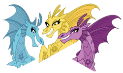 Size: 3159x1898 | Tagged: safe, artist:dragonmaster137, adagio dazzle (mlp), aria blaze (mlp), sonata dusk (mlp), equine, fictional species, fish, hippocampus, mammal, siren (mlp), feral, friendship is magic, hasbro, my little pony, 2015, blue eyes, digital art, fangs, female, females only, fins, gem, grin, group, high res, on model, purple eyes, simple background, slit pupils, transparent background, trio, yellow eyes