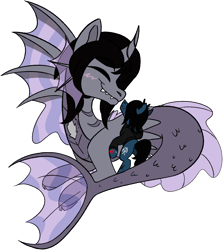 Size: 956x1073 | Tagged: dead source, safe, artist:taaffeiite, artist:taaffeite, earth pony, equine, fictional species, fish, hippocampus, mammal, pony, siren (mlp), undead, zombie, zombie pony, feral, bring me the horizon, friendship is magic, hasbro, kellin quinn, my little pony, oliver sykes, sleeping with sirens, 2019, black hair, black mane, blue fur, blushing, bone, butt, clothes, cloven hooves, commission, curved horn, digital art, duo, fangs, feral/feral, fins, fish tail, fur, gray skin, hair, hooves, horn, index get, interspecies, leaning, long sleeves, lying down, male, male/male, mane, nuzzling, ponified, prone, scales, scar, shipping, shirt, simple background, size difference, smiling, stitches, tail, tattoo, topwear, torn ear, transparent background