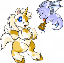 Size: 397x393 | Tagged: safe, artist:eevee1, fictional species, shoyru, uni, feral, neopets, 2003, ambiguous gender, blue eyes, cloud, digital art, duo, eyes closed, fluff, flying, head fluff, holding, hooves, horn, low res, open mouth, paintbrush, shocked, simple background, spotted, tail, tongue, tongue out, webbed wings, white background, wings