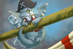 Size: 900x606 | Tagged: safe, artist:gundunim, fictional species, petpet, scorchio, snowickle, feral, neopets, 2008, ambiguous gender, bandanna, claws, clothes, digital art, duo, green eyes, hat, pirate, pirate ship, ship, shirt, tail, topwear