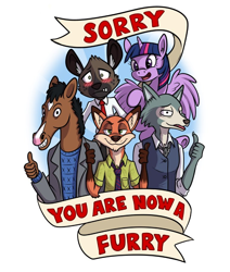 Size: 776x917 | Tagged: safe, artist:transformartive, bojack horseman (bojack horseman), haida (aggretsuko), legoshi (beastars), nick wilde (zootopia), twilight sparkle (mlp), alicorn, canine, equine, fictional species, fox, horse, hyena, mammal, pony, red fox, vulpine, wolf, anthro, feral, aggretsuko, beastars, bojack horseman, disney, friendship is magic, hasbro, my little pony, sanrio, zootopia, 2020, 2d, banner, blushing, claws, clothes, crossover, cute, digital art, ear fluff, fangs, feathered wings, featured image, female, fluff, flying, furry fandom, green eyes, grin, group, hooves, horn, jacket, male, mare, necktie, open mouth, paw pads, paws, purple eyes, rhyme, shirt, simple background, stallion, thumbs up, tie, topwear, underhoof, underpaw, undershirt, ungulate, vest, white background, wings