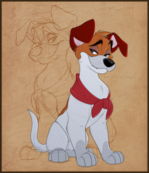 Size: 1007x1167 | Tagged: safe, artist:kitchiki, dodger (oliver & company), canine, dog, mammal, feral, disney, oliver & company, 2017, brown eyes, clothes, digital art, fluff, head fluff, male, paws, scarf, sitting, sketch, solo, solo male, tail