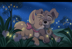 Size: 900x615 | Tagged: safe, artist:panther85, angel (lady and the tramp), scamp (lady and the tramp), arthropod, canine, dog, firefly, insect, mammal, mutt, feral, disney, lady and the tramp, 2013, 2d, angelscamp (lady and the tramp), bow, cheek fluff, chest fluff, collar, cute, digital art, duo, duo male and female, eyes closed, female, feral/feral, fluff, fluffy, fluffy tail, head fluff, letterboxing, lying down, male, male x female, male/female, night, night sky, nuzzling, on model, paws, prone, puppy, shipping, sky, stars, tail, tree, young