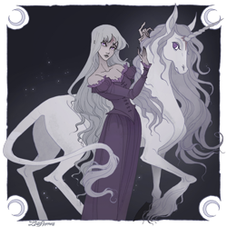 Size: 800x800 | Tagged: safe, artist:irenhorrors, lady amalthea (the last unicorn), classical unicorn, equine, fictional species, horse, human, mammal, unicorn, feral, humanoid, the last unicorn, 1:1, 2020, clothes, digital art, dress, duo, duo female, female, females only, hair, hooves, horn, leonine tail, long hair, night, night sky, purple eyes, sky, spiral horn, tail