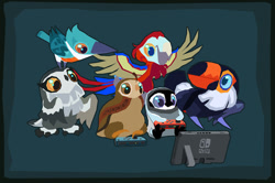 Size: 800x532 | Tagged: safe, artist:thornpuck, bird, bird of prey, galliform, kingfisher, macaw, owl, parrot, penguin, quail, toco toucan, toucan, feral, nintendo, nintendo switch, 2020, amber eyes, ambiguous gender, blue eyes, brown eyes, digital art, feathered wings, gray eyes, group, orange eyes, spread wings, tail, wings