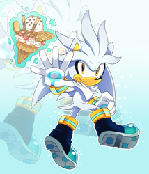 Size: 1200x1400 | Tagged: safe, artist:sonictheedgehog, silver the hedgehog (sonic), hedgehog, mammal, anthro, sega, sonic the hedgehog (series), 2018, amber eyes, chest fluff, clothes, digital art, eyeliner, fluff, food, ice cream, ice cream cone, makeup, male, quills, short tail, smiling, solo, solo male, tail, telekinesis