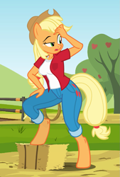Size: 635x937 | Tagged: safe, artist:flash equestria photography, artist:flashequestria, applejack (mlp), earth pony, equine, fictional species, mammal, pony, anthro, unguligrade anthro, friendship is magic, hasbro, my little pony, anthrofied, bottomwear, breasts, clothes, cowboy hat, female, freckles, green eyes, hand on leg, hat, hay bale, hooves, jeans, looking back, outdoors, pants, rope, solo, solo female, tail