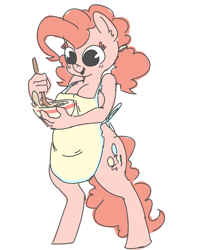 Size: 1193x1448 | Tagged: suggestive, artist:nobby-art, pinkie pie (mlp), earth pony, equine, fictional species, mammal, pony, anthro, unguligrade anthro, friendship is magic, hasbro, my little pony, 2016, anthrofied, apron, bowl, breasts, clothes, cutie mark, female, hooves, naked apron, nudity, partial nudity, solo, solo female, standing, tail