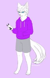 Size: 1332x2077 | Tagged: safe, artist:puddinggalaxy, oc, oc only, canine, fox, mammal, vulpine, anthro, digitigrade anthro, 2019, blep, blue eyes, bottomwear, clothes, ear fluff, fluff, glasses, hand in pocket, hoodie, male, no pupils, paw pads, paws, phone, shorts, solo, solo male, tail, tongue, tongue out, topwear, underpaw
