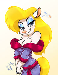 Size: 1010x1300 | Tagged: safe, artist:joakaha, minerva mink (animaniacs), mammal, mink, mustelid, anthro, animaniacs, warner brothers, 2018, bedroom eyes, breasts, clothes, eyelashes, female, gradient background, heart, lidded eyes, looking at you, signature, siki, solo, solo female, speech bubble, tail