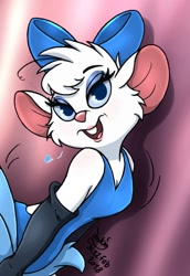 Size: 881x1280 | Tagged: safe, artist:joakaha, miss kitty (the great mouse detective), mammal, mouse, rodent, anthro, disney, the great mouse detective, 2018, 2d, big ears, bow, breasts, clothes, ears, female, heart, lipstick, looking at you, makeup, murine, open mouth, signature, solo, solo female, teeth