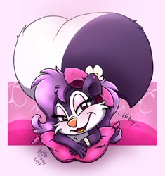 Size: 1201x1280 | Tagged: safe, artist:joakaha, fifi la fume (tiny toon adventures), mammal, skunk, anthro, tiny toon adventures, warner brothers, 2017, bedroom eyes, big tail, bow, brown eyes, clothes, dialogue, eyelashes, female, hair, looking at you, lying down, older, open mouth, pillow, signature, solo, solo female, tail, talking