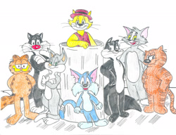 Size: 2198x1691 | Tagged: safe, artist:jose-ramiro, furrball (tiny toon adventures), garfield (garfield), heathcliff (character), penelope pussycat (looney tunes), rita (animaniacs), sylvester (looney tunes), tom cat (tom and jerry), top cat (top cat), cat, feline, mammal, anthro, semi-anthro, animaniacs, cc by-nc-sa, creative commons, garfield (comic), hanna-barbera, heathcliff, looney tunes, tom and jerry, top cat, warner brothers, 2009, crossover, female, green eyes, group, looking at you, male, tail, tail wrap, tail wraps, traditional art, trash can, whiskers, wraps, yellow sclera