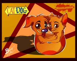 Size: 1260x1000 | Tagged: safe, artist:unibat, catdog (character), canine, cat, dog, feline, hybrid, mammal, feral, catdog, nickelodeon, 2015, abstract background, brown eyes, cheek fluff, conjoined, fangs, fluff, logo, looking at you, male, multiple heads, paws, signature, solo, solo male, tongue, tongue out, two heads, watermark, whiskers