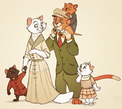 Size: 2520x2242 | Tagged: safe, artist:ritwells, berlioz (the aristocats), duchess (the aristocats), marie (the aristocats), thomas o'malley (the aristocats), toulouse (the aristocats), cat, feline, mammal, anthro, feral, disney, the aristocats, 2017, 2d, anthrofied, aristocats, clothes, coat, dress, family, female, group, hat, high res, male, paw pads, paws, simple background, smiling, standing, tail, topwear