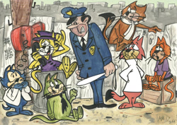 Size: 1737x1232 | Tagged: safe, artist:granitoons, benny the ball (top cat), brain (top cat), choo-choo (top cat), fancy-fancy (top cat), officer charlie dibble (top cat), spook (top cat), cat, feline, human, mammal, anthro, hanna-barbera, top cat, 2009, baton, city, clothes, fence, group, hat, male, necktie, open mouth, outdoors, paw pads, paws, phone, police, police uniform, scar, sitting, standing, tail, teeth, tie, trash can, underpaw, whiskers